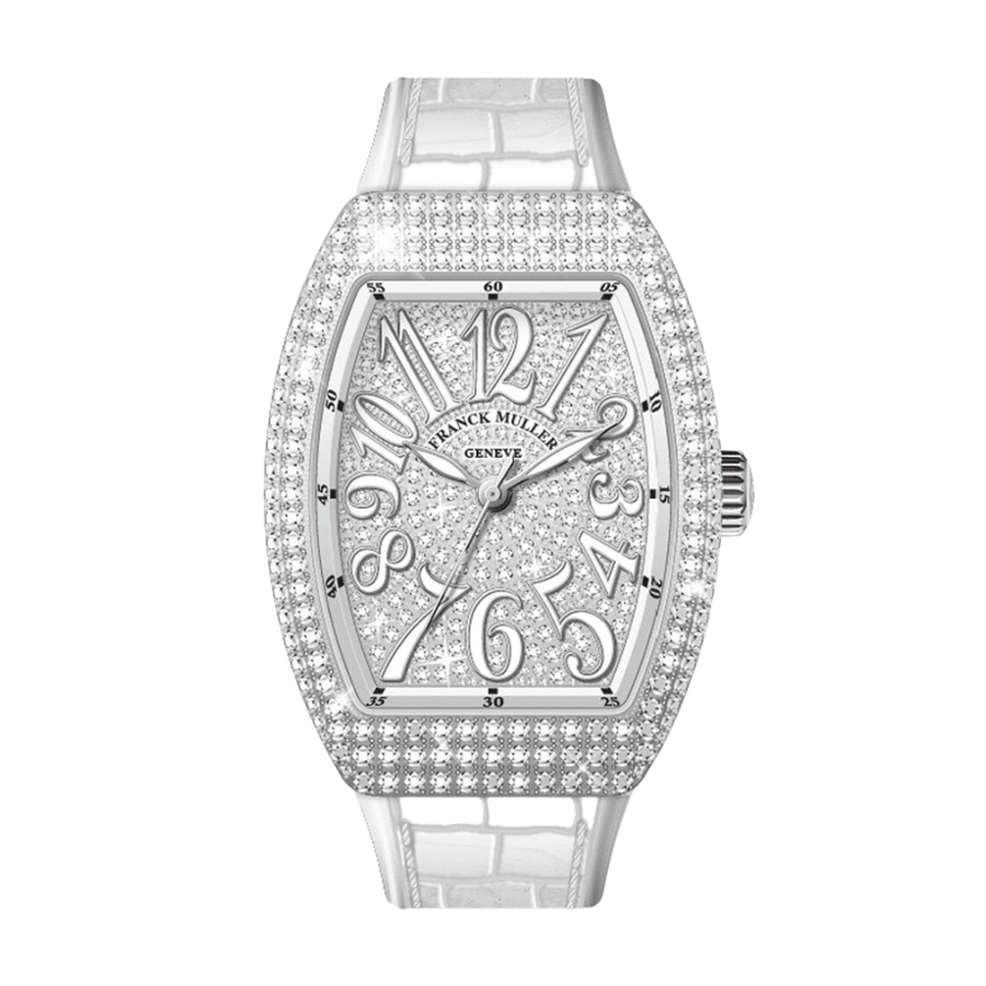 Đồng Hồ Franck Muller Lady Vanguard V32 White Custom Full Diamonds Cọc Số Trắng Dây Đeo Trắng