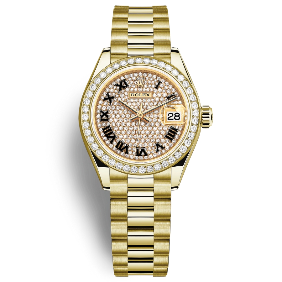 Đồng Hồ Rolex Lady-Datejust 28 279138RBR-0029 Mặt Số Kim Cương Dây Đeo President Vàng Vàng