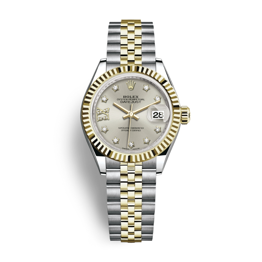 Đồng Hồ Rolex Lady-Datejust 28 279173-0003 Mặt Số Bạc Dây Đeo Jubillee Vàng Vàng Thép