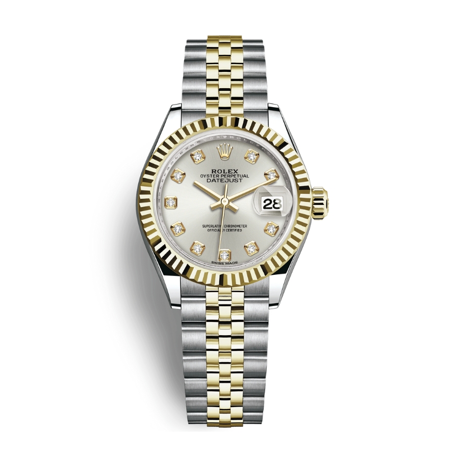 Đồng Hồ Rolex Lady-Datejust 28 279173-0007 Mặt Số Bạc Dây Đeo Jubilee Vàng Vàng Thép