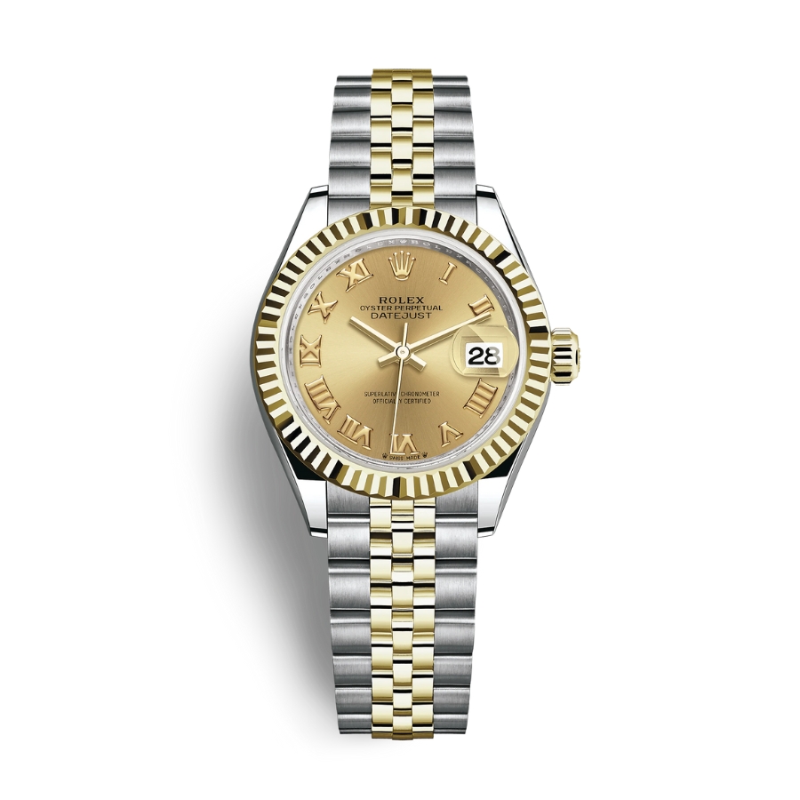 Đồng Hồ Rolex Lady-Datejust 28 279173-0009 Champagne Mặt Số Vàng Dây Đeo Jubilee Vàng Vàng Thép