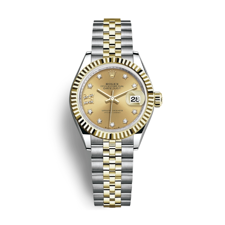 Đồng Hồ Rolex Lady-Datejust 28 279173-0021 Champagne Mặt Số Vàng Dây Đeo Jubilee Vàng Vàng Thép