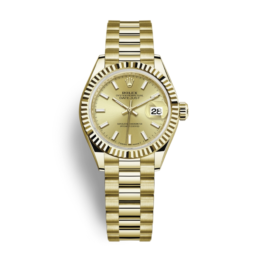 Đồng Hồ Rolex Lady-Datejust 28 279178-0001 Champagne Mặt Số Vàng Dây Đeo President Vàng Vàng