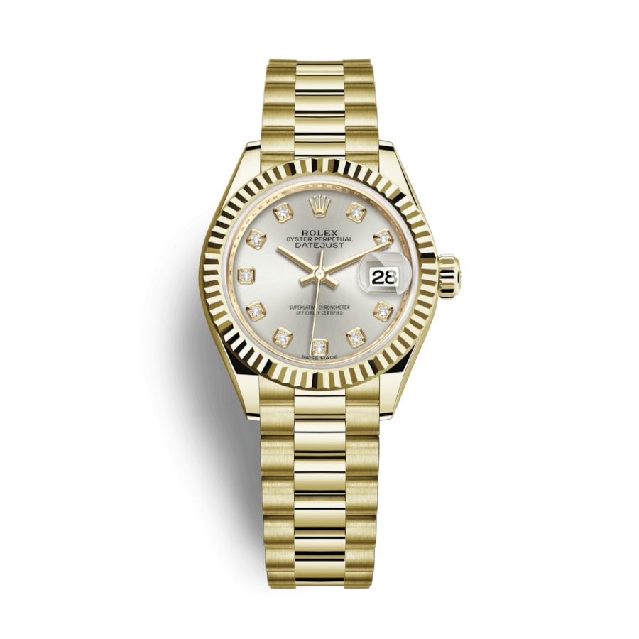 Đồng Hồ Rolex Lady-Datejust 28 279178-0015 Mặt Số Bạc Dây Đeo President Vàng Vàng