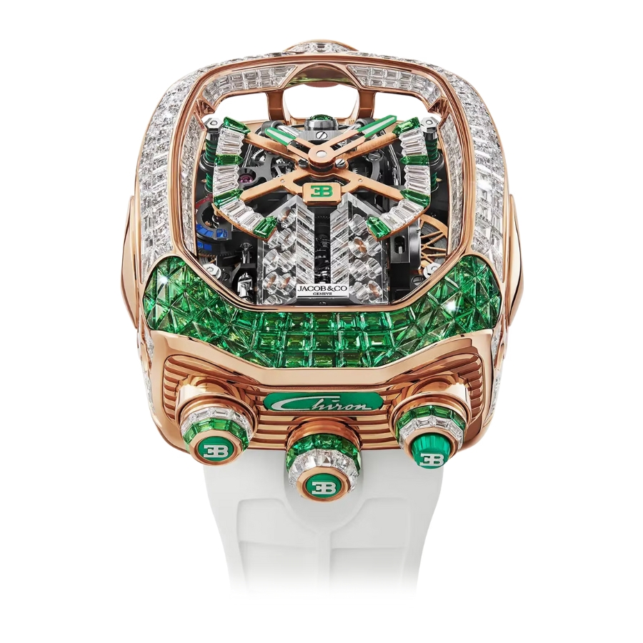 Jacob & Co. Bugatti Chiron Tourbillon Baguette Rose Gold Diamonds Tsavorites BU800.40.AC.UA.A